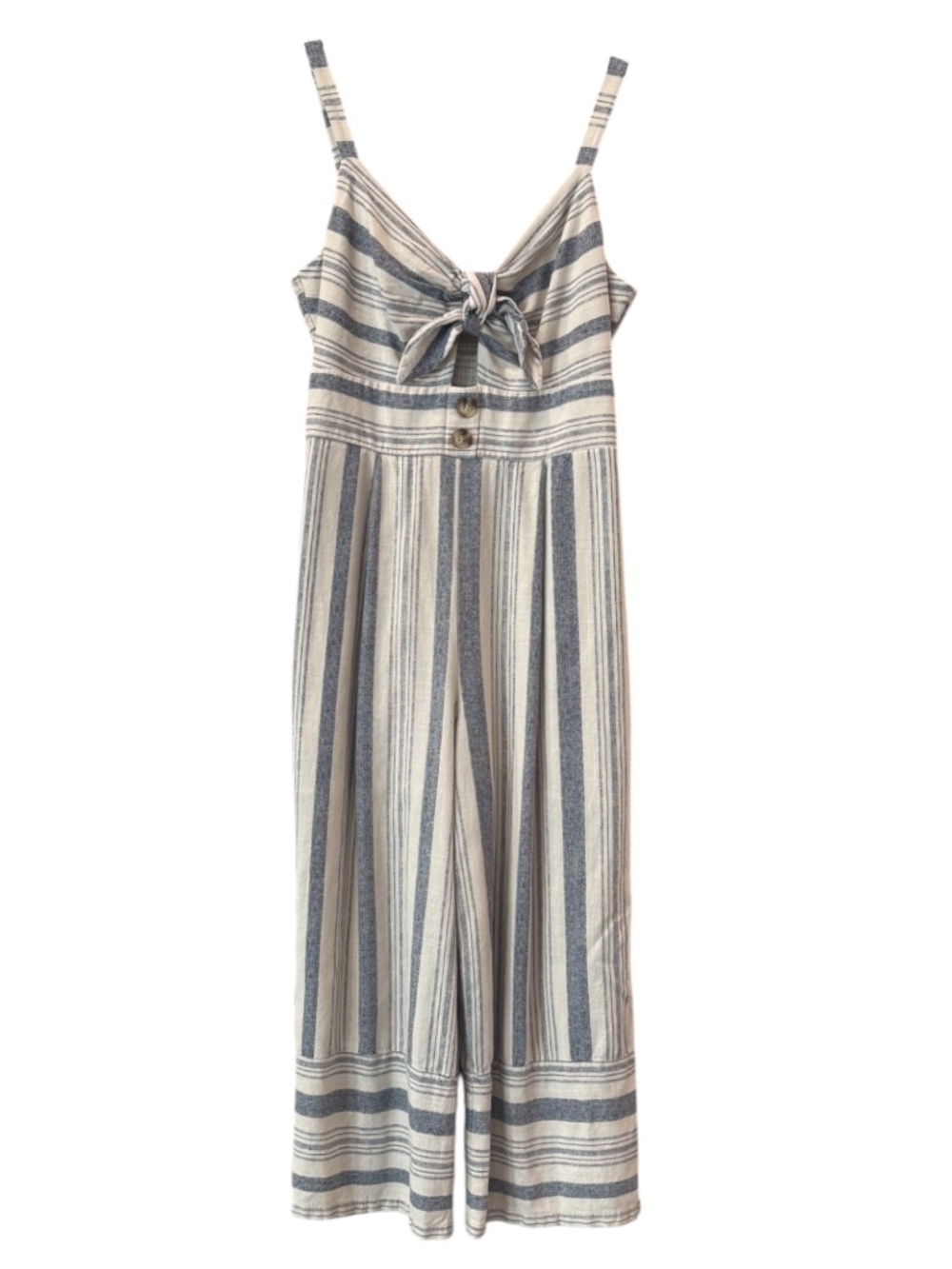 Sz M Candie’s Linen Blend Cream Blue Mattress Ticking Stripe Jumpsuit